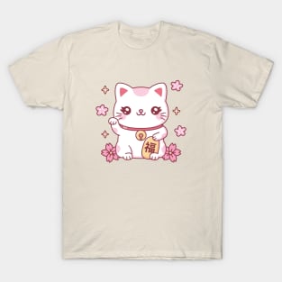 Cute Maneki Neko Japan Good Luck Cat And Flowers T-Shirt